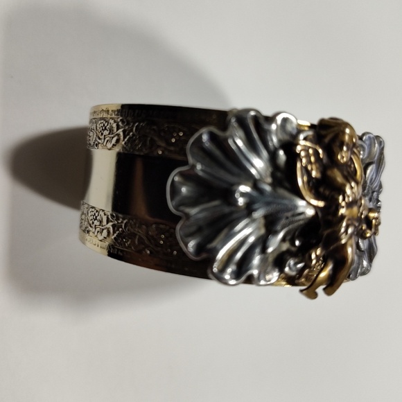 Vintage Sonja Lea Gold, Silver and Brass Tone Cherub Wide Cuff Ornate Bracelet - Picture 6 of 16